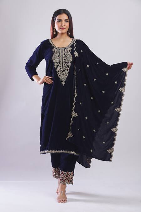 Buy Samyukta Singhania Navy Velvet Embroidery Round Neck Blue Kurta Set With Dupatta Online at Aza Fashions Buy_Samyukta Singhania_Navy Velvet Embroidery Round Neck Blue Kurta Set With Dupatta _Online_at_Aza_Fashions