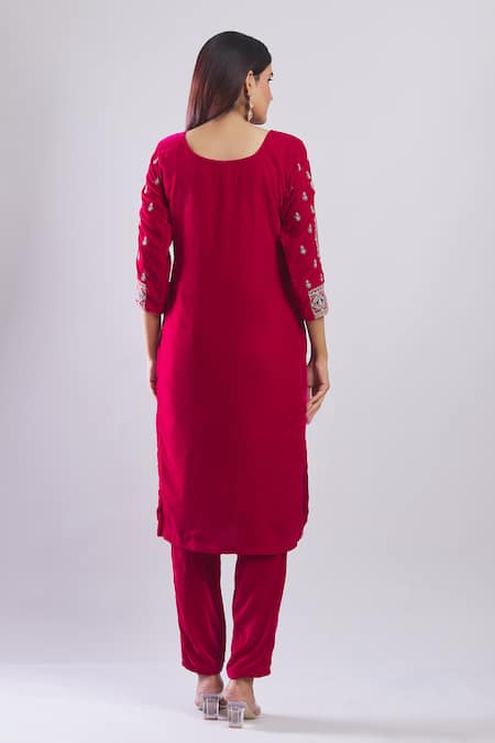 Shop_Samyukta Singhania_Pink Velvet Embroidery, Sequins Round Neck Magenta Kurta Set With Dupatta _at_Aza_Fashions