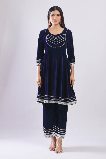 Naintara Bajaj_Navy Velvet Embroidery, Gota Patti Round Neck Kurta Set _Online_at_Aza_Fashions