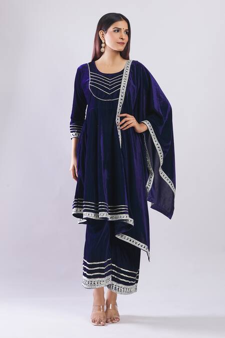 Shop_Naintara Bajaj_Navy Velvet Embroidery, Gota Patti Round Neck Kurta Set _Online_at_Aza_Fashions