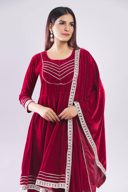Shop Naintara Bajaj Pink Velvet Gota Patti Round Neck Kurta Set Online at Aza Fashions Shop_Naintara Bajaj_Pink Velvet Gota Patti Round Neck Kurta Set _Online_at_Aza_Fashions