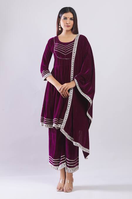 Naintara Bajaj Purple Velvet Embroidery, Gota Patti Round Neck Kurta Set Online at Aza Fashions Naintara Bajaj_Purple Velvet Embroidery, Gota Patti Round Neck Kurta Set _Online_at_Aza_Fashions