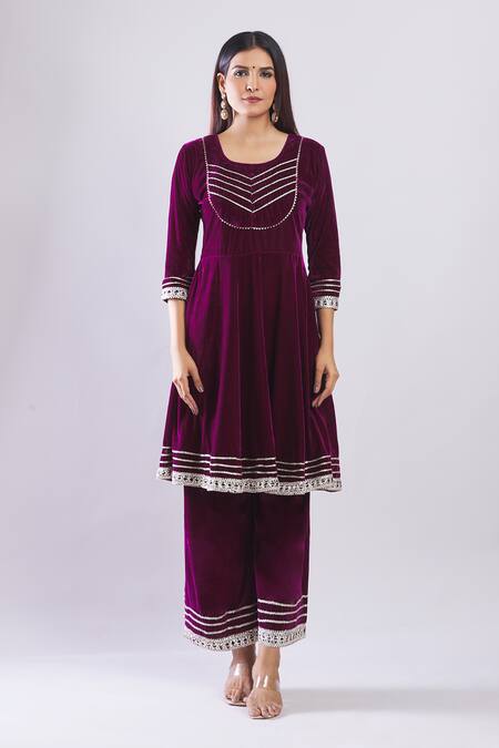 Buy Naintara Bajaj Purple Velvet Embroidery, Gota Patti Round Neck Kurta Set Online at Aza Fashions Buy_Naintara Bajaj_Purple Velvet Embroidery, Gota Patti Round Neck Kurta Set _Online_at_Aza_Fashions