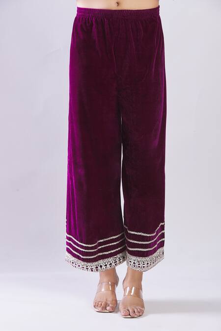 Shop Naintara Bajaj Purple Velvet Embroidery, Gota Patti Round Neck Kurta Set Online at Aza Fashions Shop_Naintara Bajaj_Purple Velvet Embroidery, Gota Patti Round Neck Kurta Set _Online_at_Aza_Fashions
