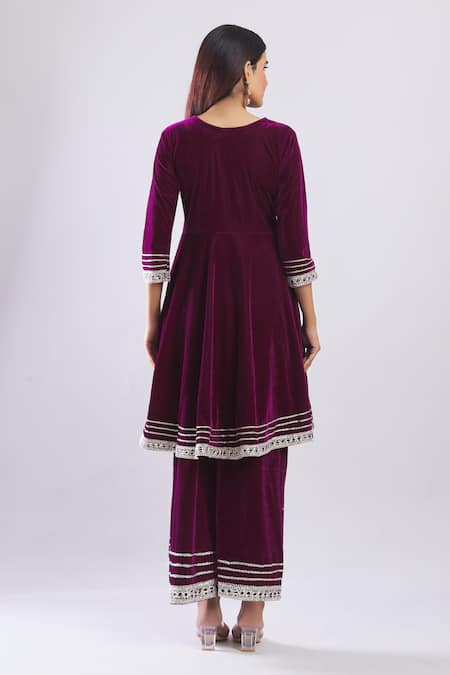 Shop Naintara Bajaj Purple Velvet Embroidery, Gota Patti Round Neck Kurta Set at Aza Fashions Shop_Naintara Bajaj_Purple Velvet Embroidery, Gota Patti Round Neck Kurta Set _at_Aza_Fashions