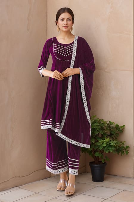 Naintara Bajaj Purple Velvet Embroidery, Gota Patti Round Neck Kurta Set