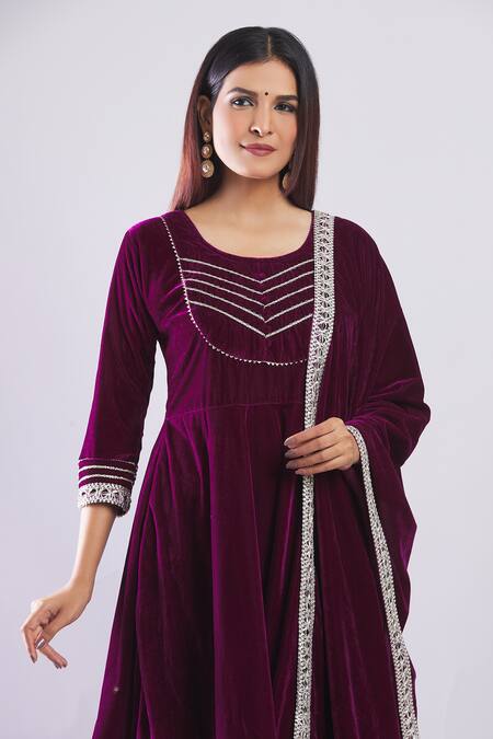 Naintara Bajaj Purple Velvet Embroidery, Gota Patti Round Neck Kurta Set at Aza Fashions Naintara Bajaj_Purple Velvet Embroidery, Gota Patti Round Neck Kurta Set _at_Aza_Fashions