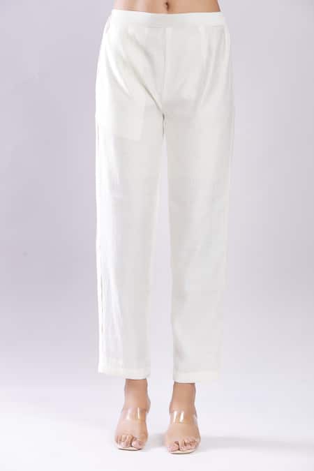 Shop_Samyukta Singhania_Cream Silk, Georgette Embroidery V-neck Chikankari Kurta And Trouser Set _Online_at_Aza_Fashions