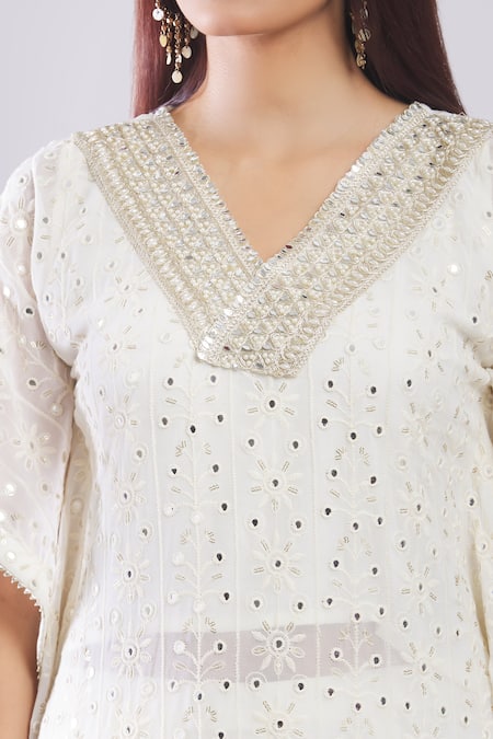 Shop_Samyukta Singhania_Cream Silk, Georgette Embroidery V-neck Chikankari Kurta And Trouser Set 