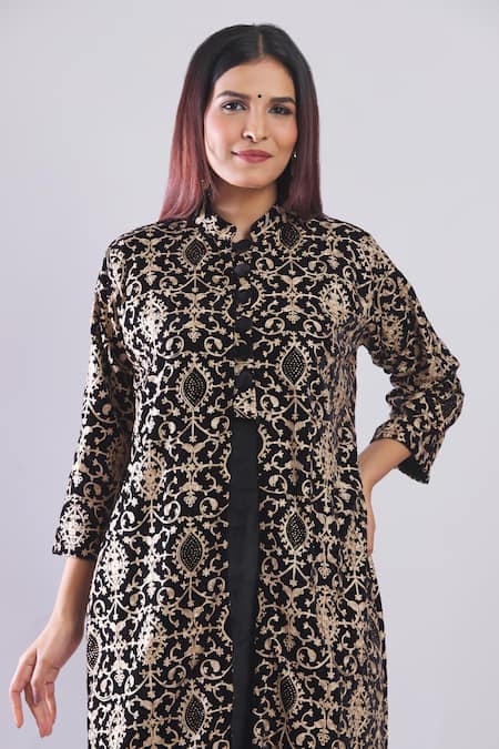 Shop_Naintara Bajaj_Black Velvet Embroidery Mandarin Collar Kurta Set With Long Shrug _Online_at_Aza_Fashions