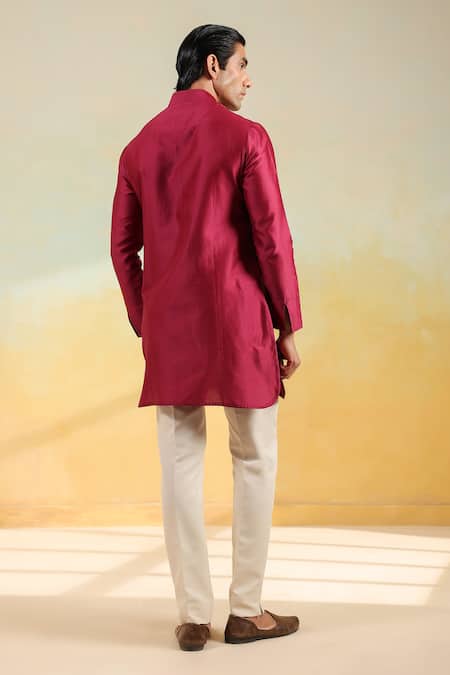 Shop_Raw & Rustic By Niti Bothra_Wine Chanderi Silk Embroidery Handcrafted Kurta _at_Aza_Fashions