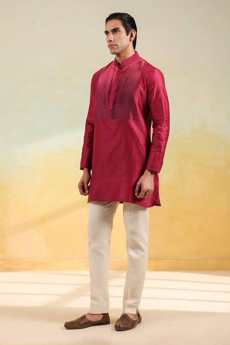 Raw & Rustic By Niti Bothra_Wine Chanderi Silk Embroidery Handcrafted Kurta _Online_at_Aza_Fashions