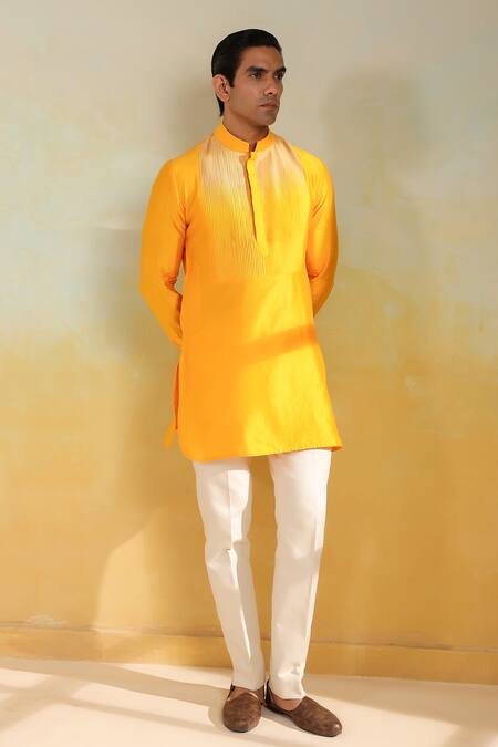 Raw & Rustic By Niti Bothra_Yellow Chanderi Silk Red Crosstitch Ombre Kurta _Online_at_Aza_Fashions