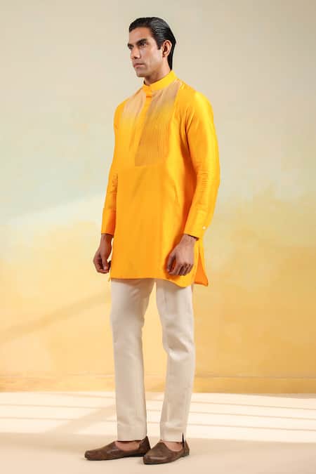 Shop_Raw & Rustic By Niti Bothra_Yellow Chanderi Silk Red Crosstitch Ombre Kurta _Online_at_Aza_Fashions