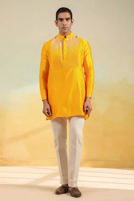 Raw & Rustic By Niti Bothra_Yellow Chanderi Silk Red Crosstitch Ombre Kurta _at_Aza_Fashions