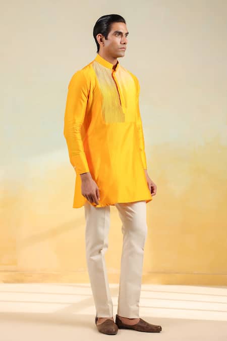 Buy_Raw & Rustic By Niti Bothra_Yellow Chanderi Silk Red Crosstitch Ombre Kurta 