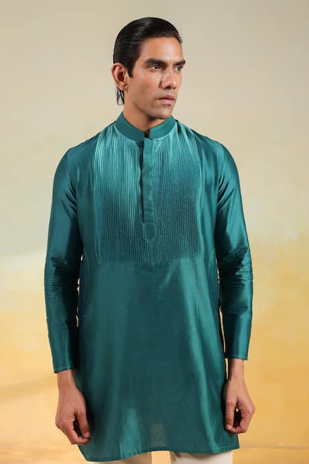 Raw & Rustic By Niti Bothra_Teal Chanderi Silk Embroidery Blue Kurta _Online_at_Aza_Fashions