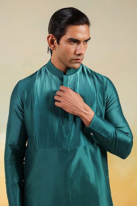 Buy_Raw & Rustic By Niti Bothra_Teal Chanderi Silk Embroidery Blue Kurta _Online_at_Aza_Fashions