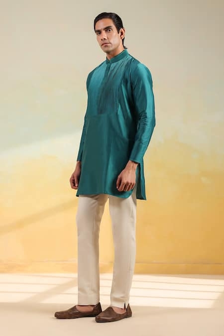 Shop_Raw & Rustic By Niti Bothra_Teal Chanderi Silk Embroidery Blue Kurta _Online_at_Aza_Fashions
