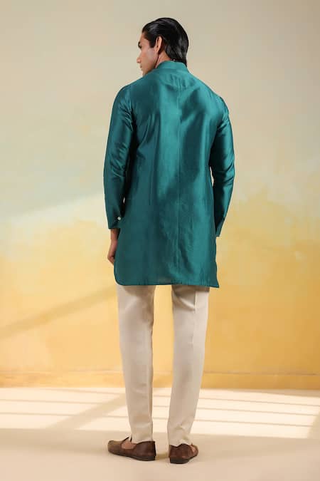 Shop_Raw & Rustic By Niti Bothra_Teal Chanderi Silk Embroidery Blue Kurta _at_Aza_Fashions