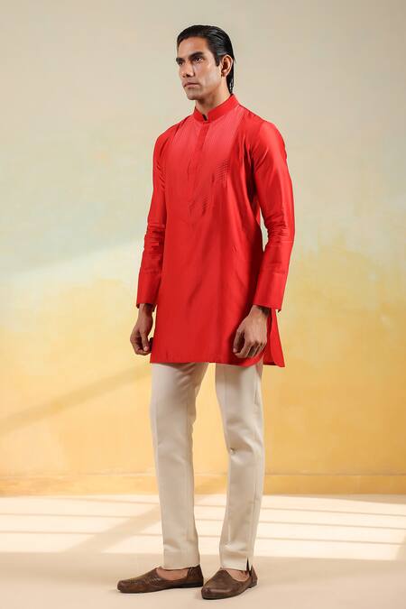 Raw & Rustic By Niti Bothra_Red Chanderi Silk Embroidery Handcrafted Kurta _Online_at_Aza_Fashions
