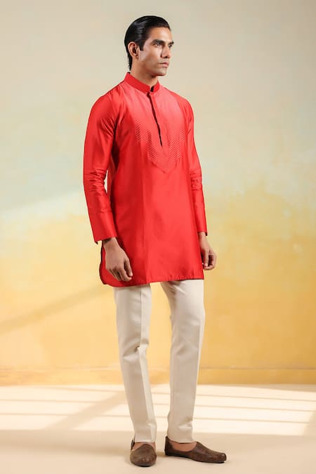 Buy_Raw & Rustic By Niti Bothra_Red Chanderi Silk Embroidery Handcrafted Kurta _Online_at_Aza_Fashions