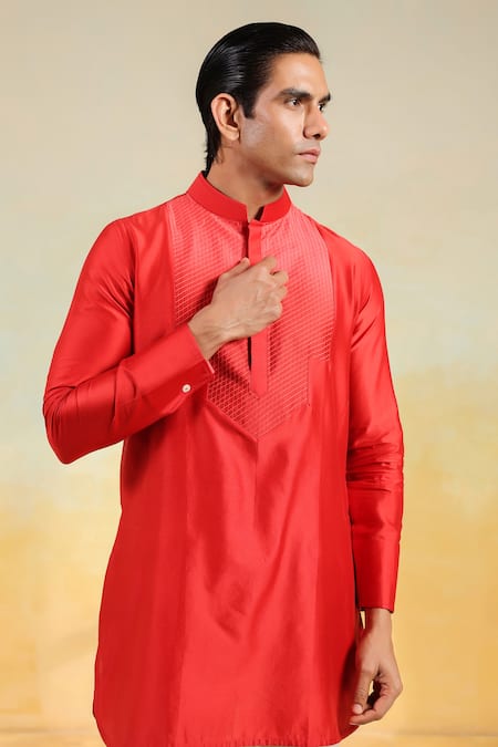 Raw & Rustic By Niti Bothra_Red Chanderi Silk Embroidery Handcrafted Kurta _at_Aza_Fashions