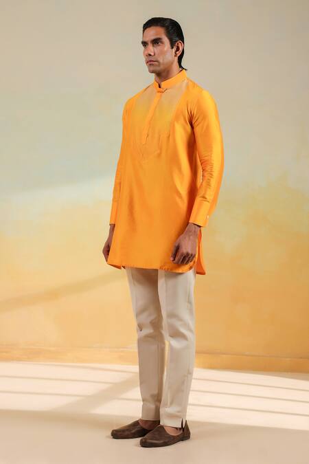 Raw & Rustic By Niti Bothra_Yellow Chanderi Silk Handcrafted Kurta _Online_at_Aza_Fashions
