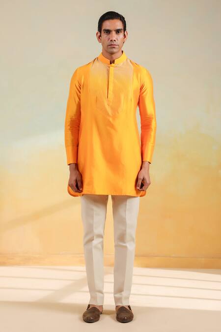 Buy_Raw & Rustic By Niti Bothra_Yellow Chanderi Silk Handcrafted Kurta _Online_at_Aza_Fashions