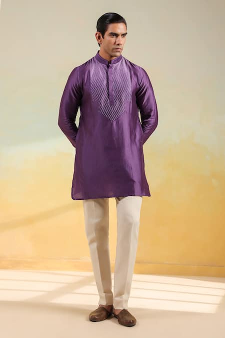 Raw & Rustic By Niti Bothra_Purple Chanderi Silk Embroidery Handcrafted Kurta _Online_at_Aza_Fashions