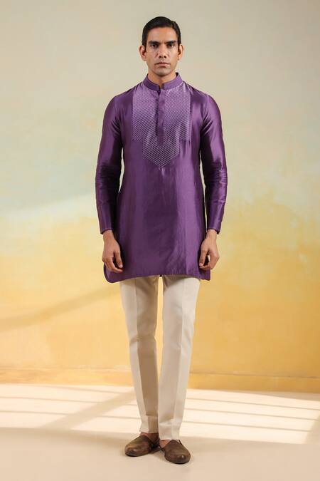 Buy_Raw & Rustic By Niti Bothra_Purple Chanderi Silk Embroidery Handcrafted Kurta _Online_at_Aza_Fashions