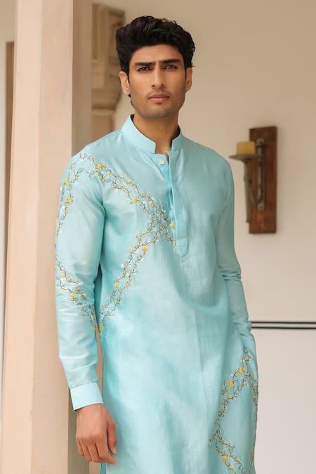 Label Niti Bothra_Blue Silk, Embroidery Light Abstract Kurta Set _Online_at_Aza_Fashions