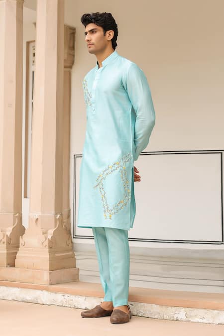 Buy_Label Niti Bothra_Blue Silk, Embroidery Light Abstract Kurta Set _Online_at_Aza_Fashions