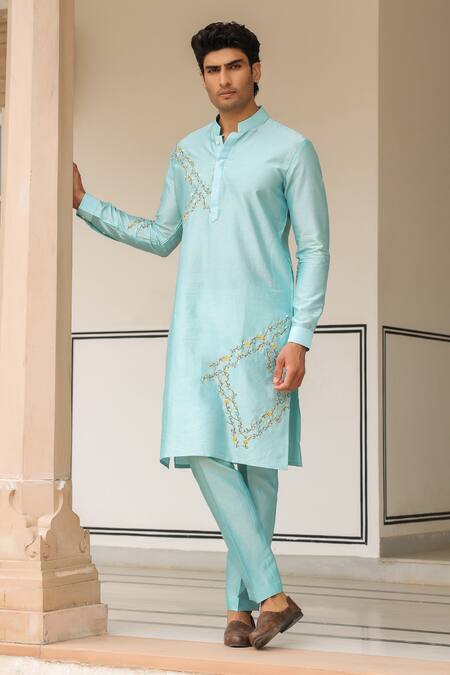 Shop_Label Niti Bothra_Blue Silk, Embroidery Light Abstract Kurta Set _Online_at_Aza_Fashions