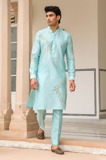 Label Niti Bothra_Blue Silk, Embroidery Light Abstract Kurta Set _at_Aza_Fashions