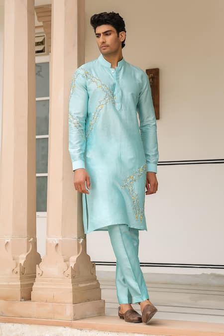 Buy_Label Niti Bothra_Blue Silk, Embroidery Light Abstract Kurta Set 