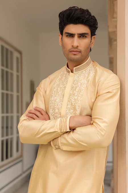 Label Niti Bothra_Beige Silk, Embroidery Floral Kurta Set _Online_at_Aza_Fashions