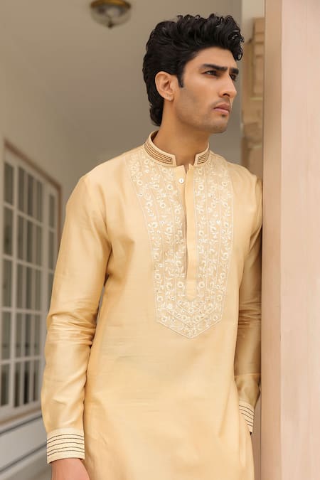 Buy_Label Niti Bothra_Beige Silk, Embroidery Floral Kurta Set _Online_at_Aza_Fashions