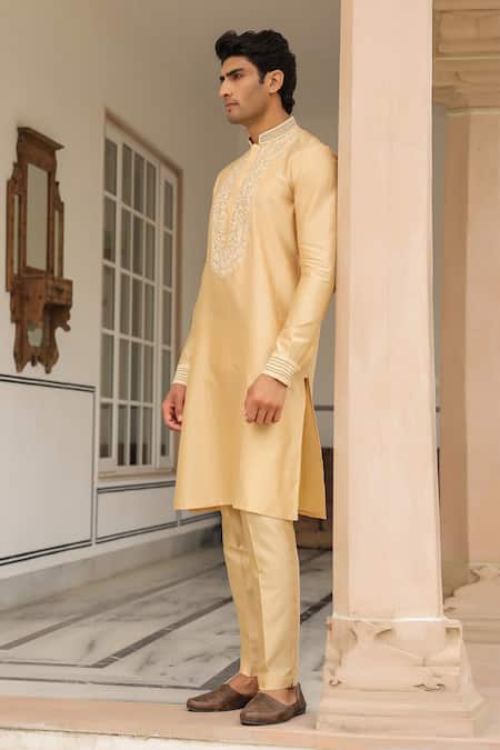 Shop_Label Niti Bothra_Beige Silk, Embroidery Floral Kurta Set _Online_at_Aza_Fashions
