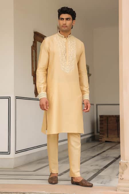 Label Niti Bothra_Beige Silk, Embroidery Floral Kurta Set _at_Aza_Fashions