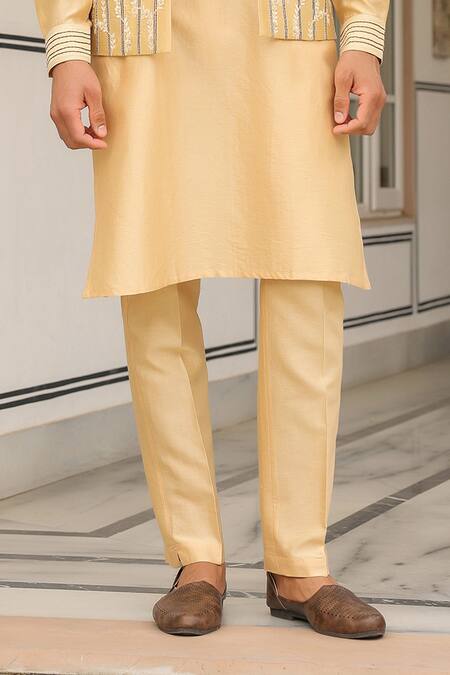 Label Niti Bothra_Beige Chanderi , Embroidery Floral Bandi Kurta Set _Online_at_Aza_Fashions