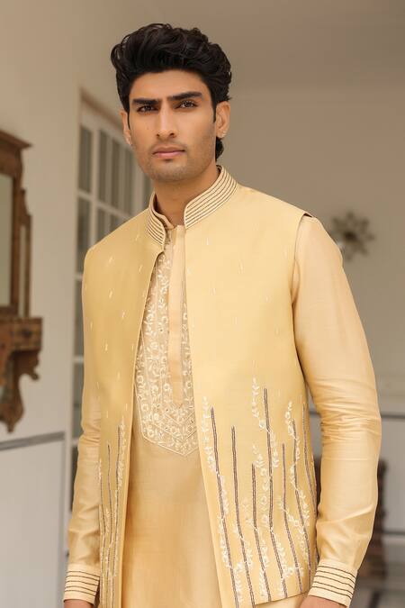 Label Niti Bothra_Beige Chanderi Silk Embroidery Floral Bandi _Online_at_Aza_Fashions