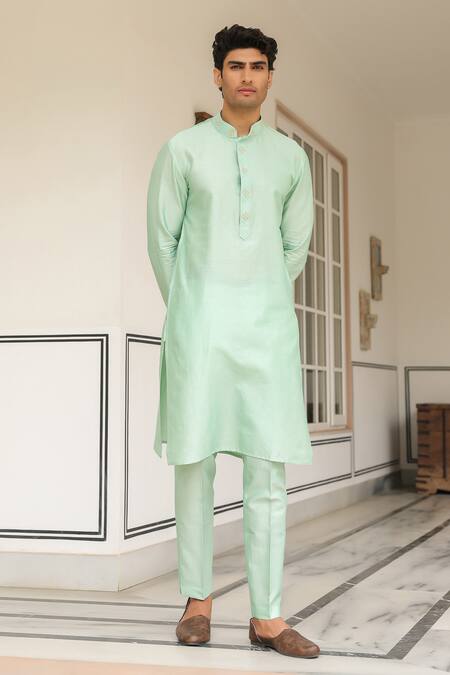 Label Niti Bothra_Mint Silk, Silk, Embroidery Gulzar Green Placket Kurta Set _Online_at_Aza_Fashions