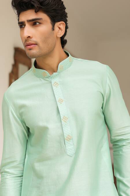 Label Niti Bothra_Mint Silk, Silk, Embroidery Gulzar Green Placket Kurta Set _at_Aza_Fashions