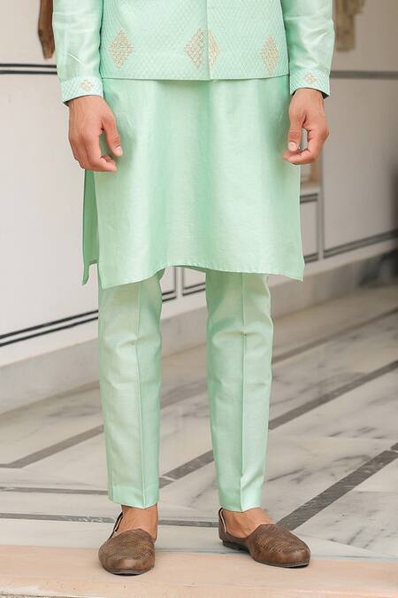 Label Niti Bothra_Mint Chanderi , Embroidery Green Geometric Threadwork Bandi Kurta Set _Online_at_Aza_Fashions