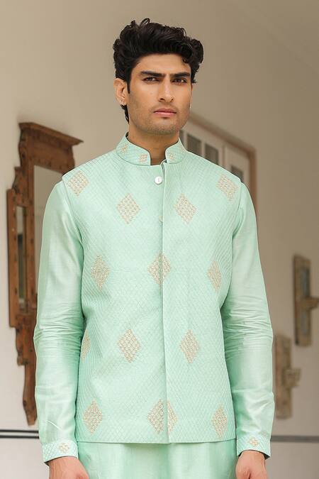 Buy_Label Niti Bothra_Mint Chanderi , Embroidery Green Geometric Threadwork Bandi Kurta Set _Online_at_Aza_Fashions