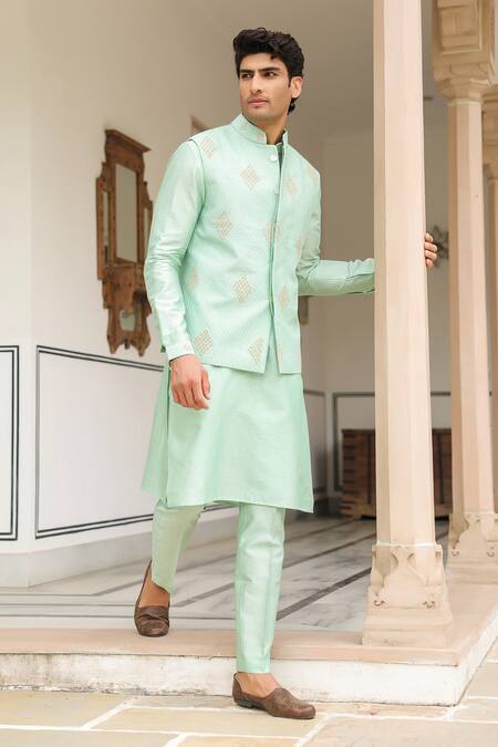 Shop_Label Niti Bothra_Mint Chanderi , Embroidery Green Geometric Threadwork Bandi Kurta Set _Online_at_Aza_Fashions