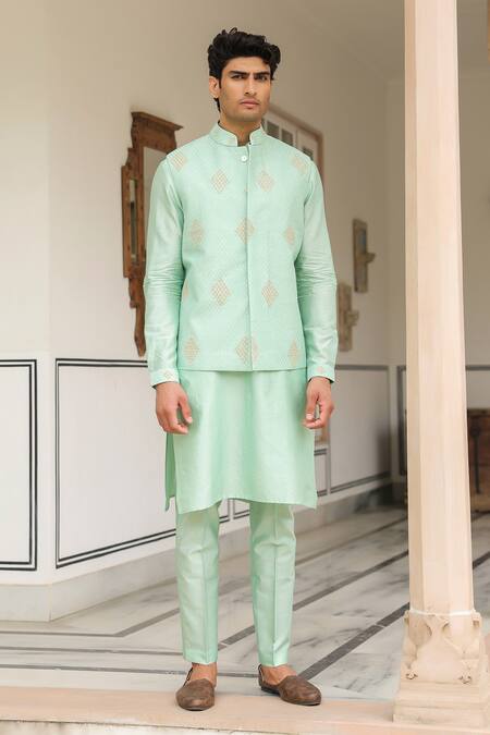 Label Niti Bothra_Mint Chanderi , Embroidery Green Geometric Threadwork Bandi Kurta Set _at_Aza_Fashions