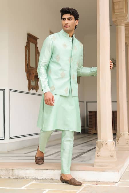 Label Niti Bothra_Mint Chanderi Silk Embroidery Geometric Threadwork Green Bandi _Online_at_Aza_Fashions