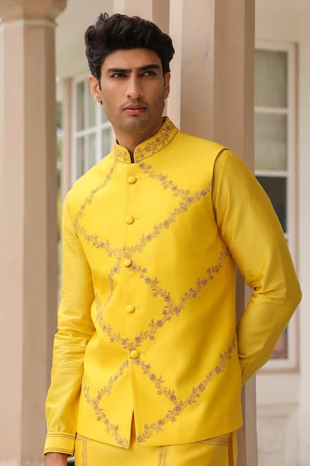 Label Niti Bothra_Yellow Chanderi Silk Embroidery Floral Bandi Kurta Set _Online_at_Aza_Fashions